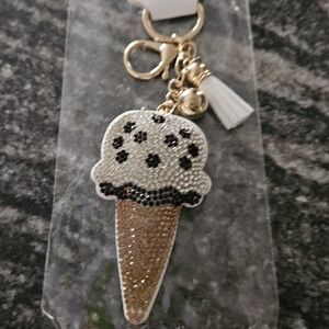 Crystal Ice Cream Cone Keychain Charm in White and Gold